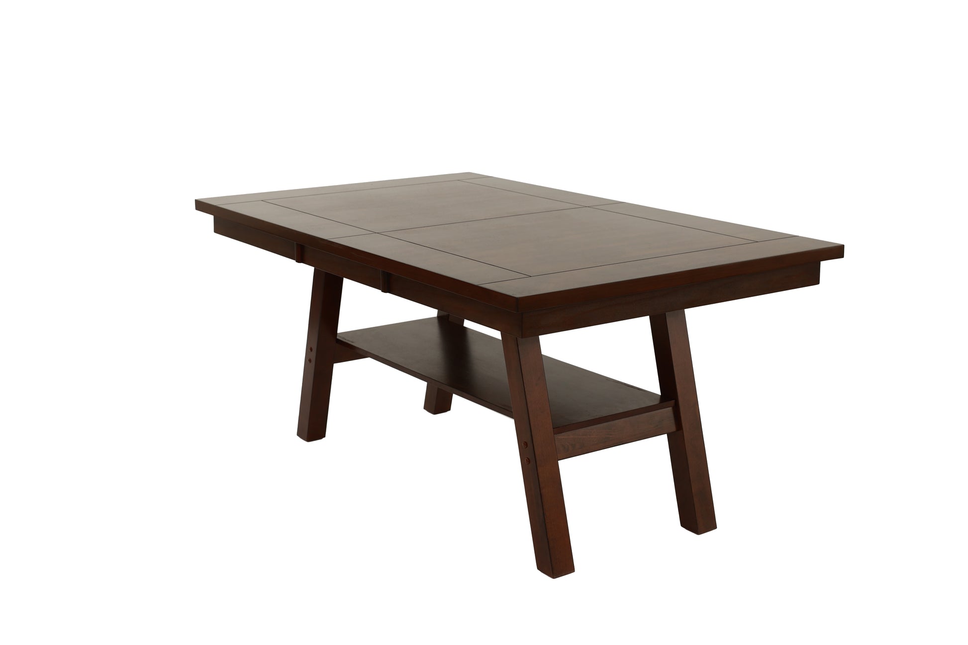 Dark brown wooden dining table with clean lines and a lower shelf