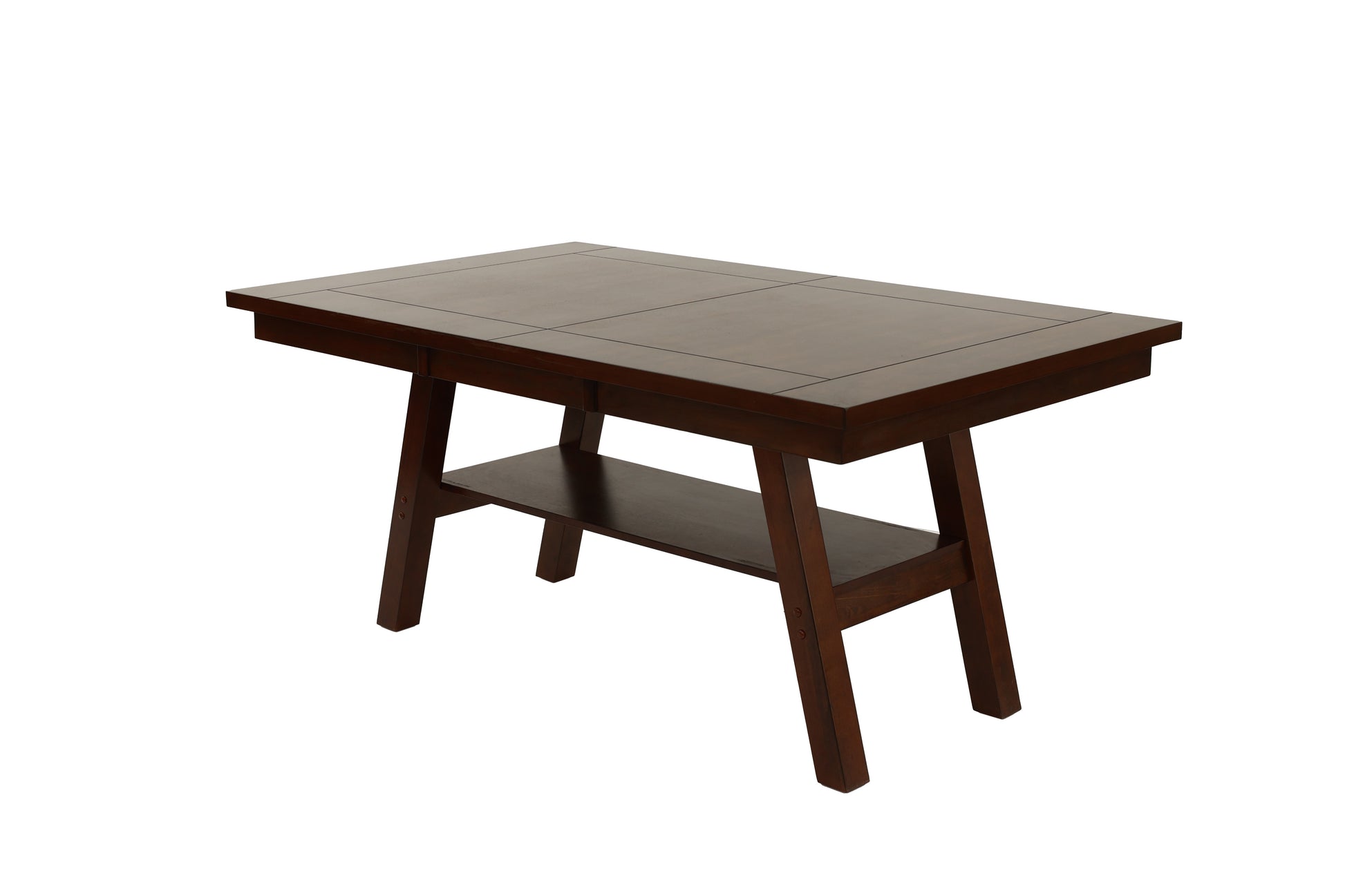 Dark wood dining table with a lower shelf and clean lines
