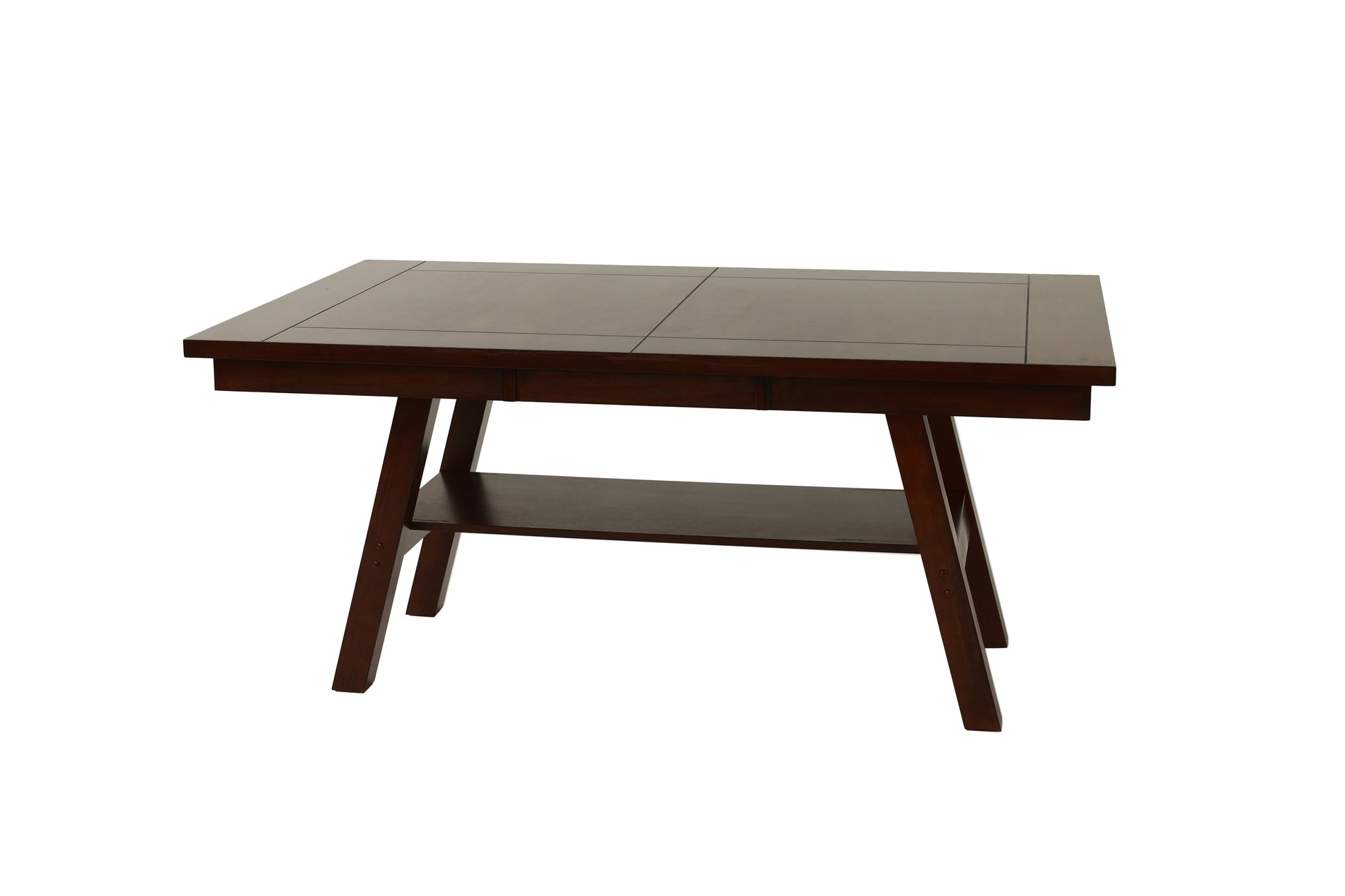 Dark brown wooden dining table with shelf