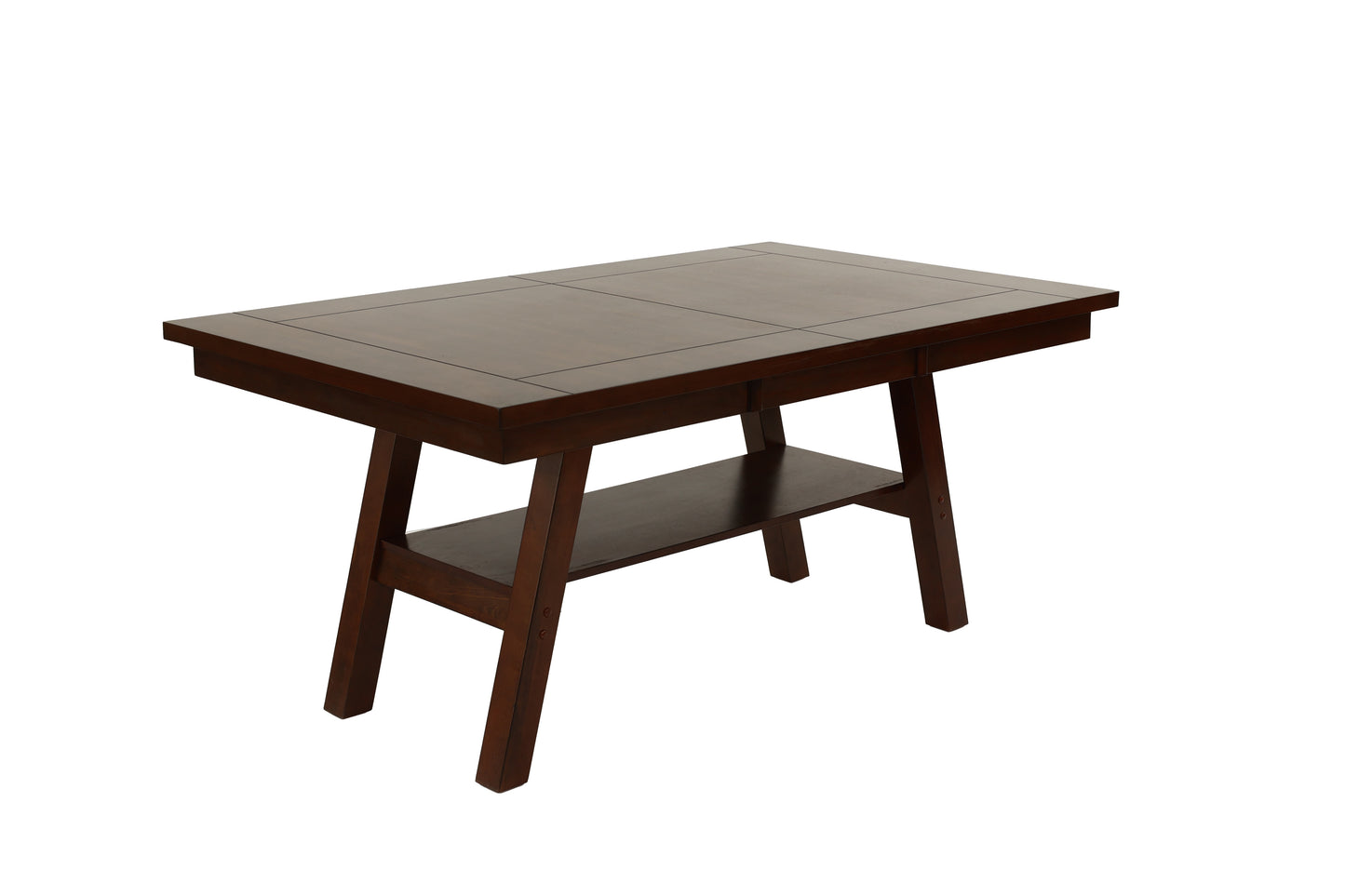 Dark brown wooden dining table with shelf