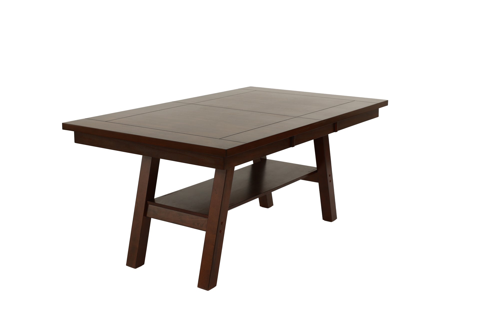 Dark brown wooden extendable dining table with lower shelf