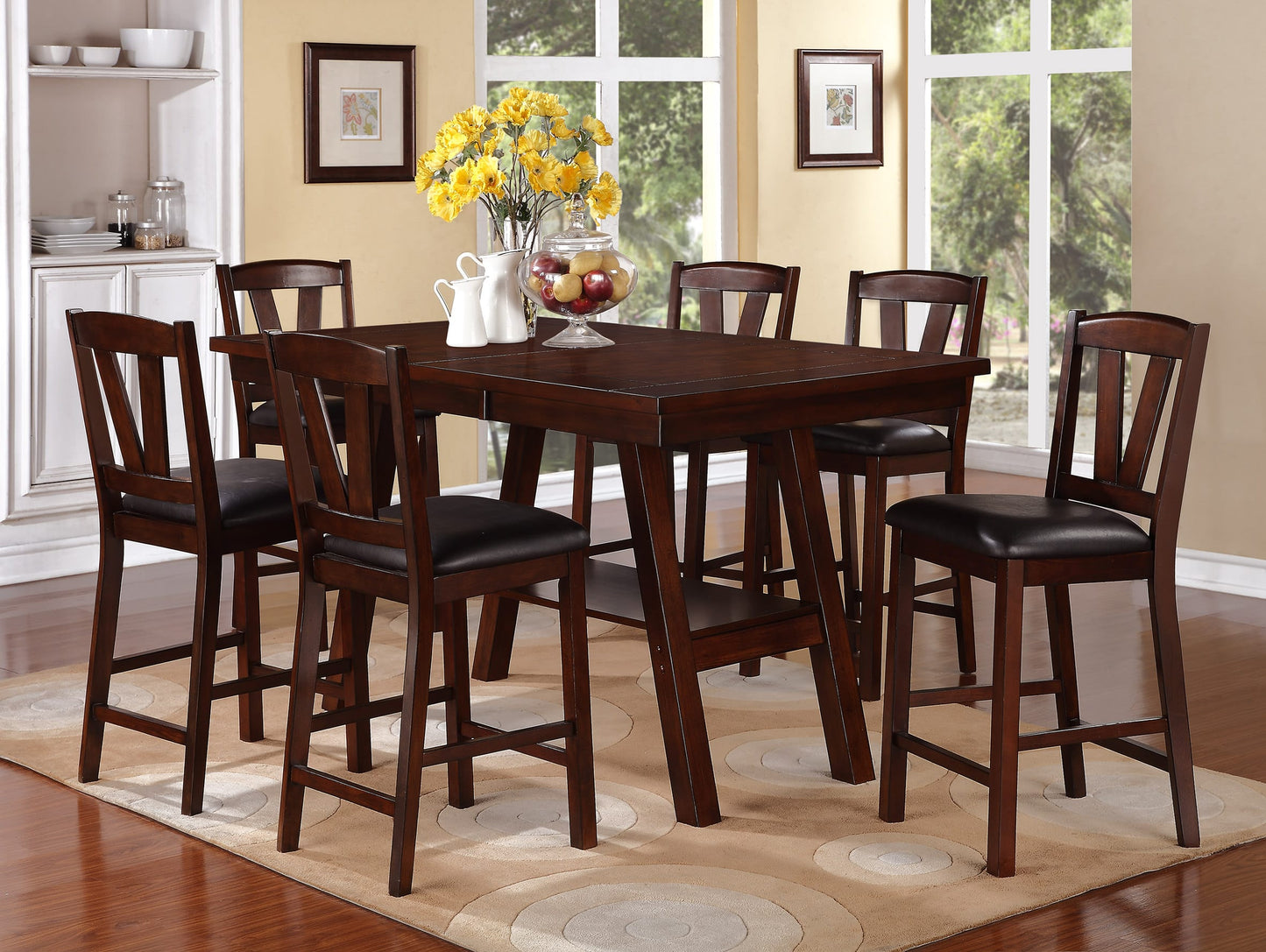 Dark wood dining table with six upholstered bar stools