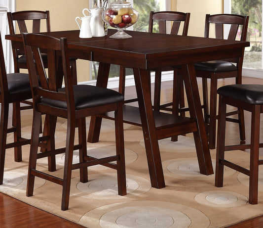Dark wood counter height table with four matching upholstered stools