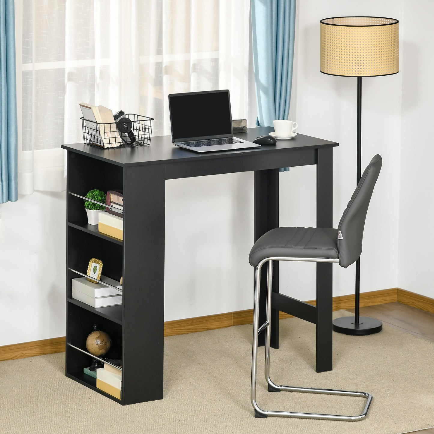 Black narrow console table with builtin shelves for home office setup