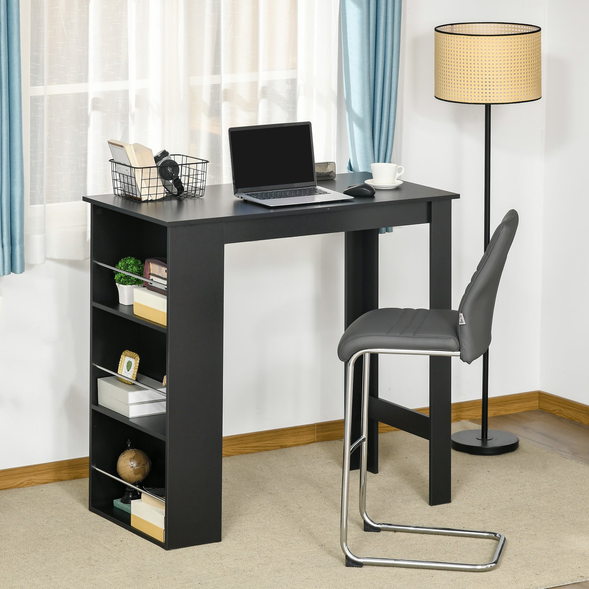 Black narrow console table with builtin shelves for home office setup