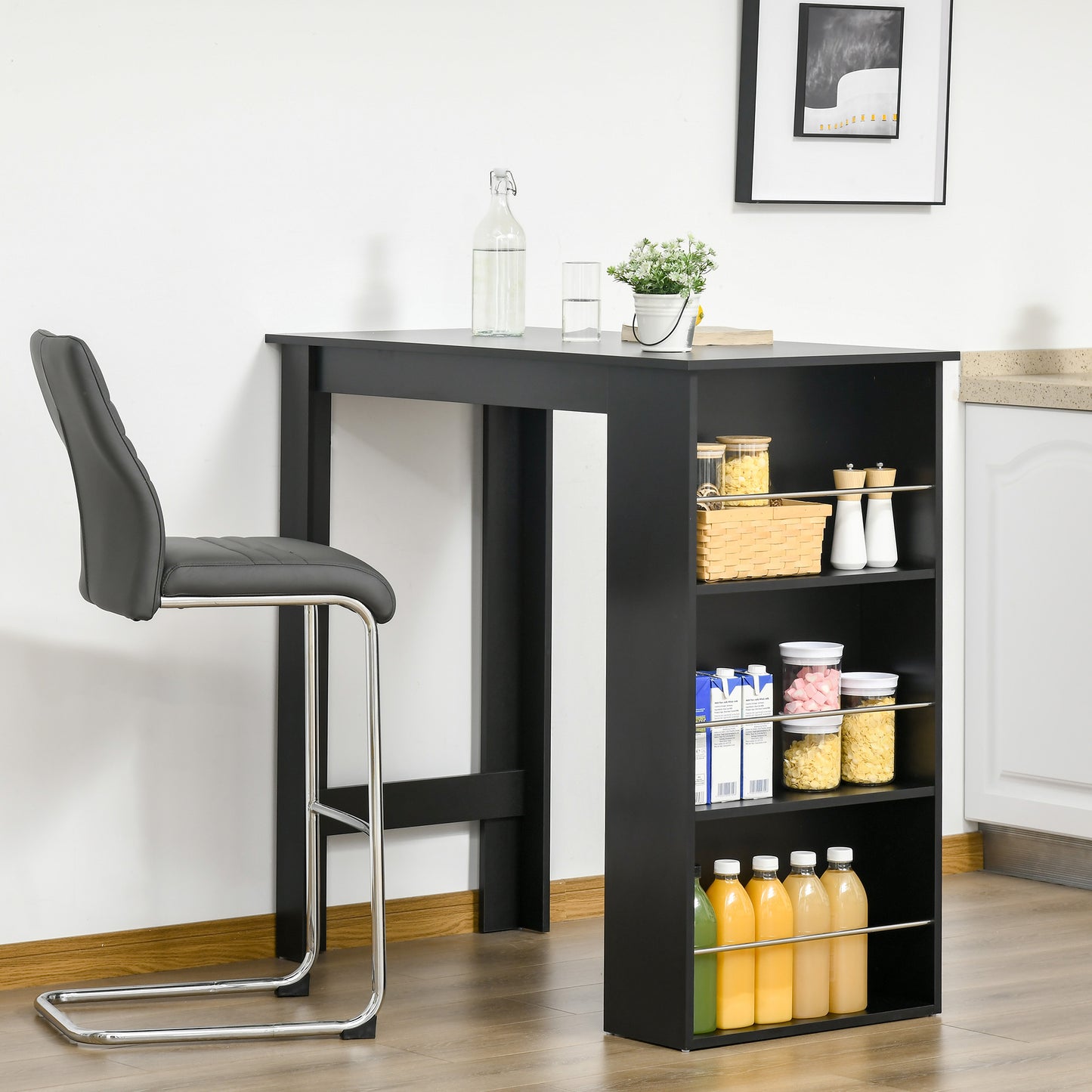 Black modern bar table with integrated shelving and gray padded stool