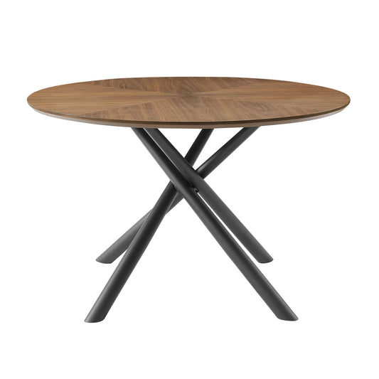 Round walnut veneer dining table with black metal base