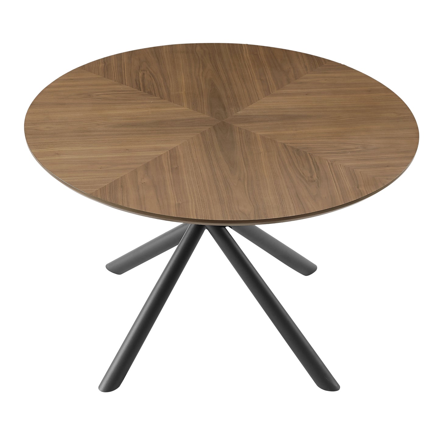 Round walnut veneer dining table with striking geometric wood grain pattern and matte black metal legs