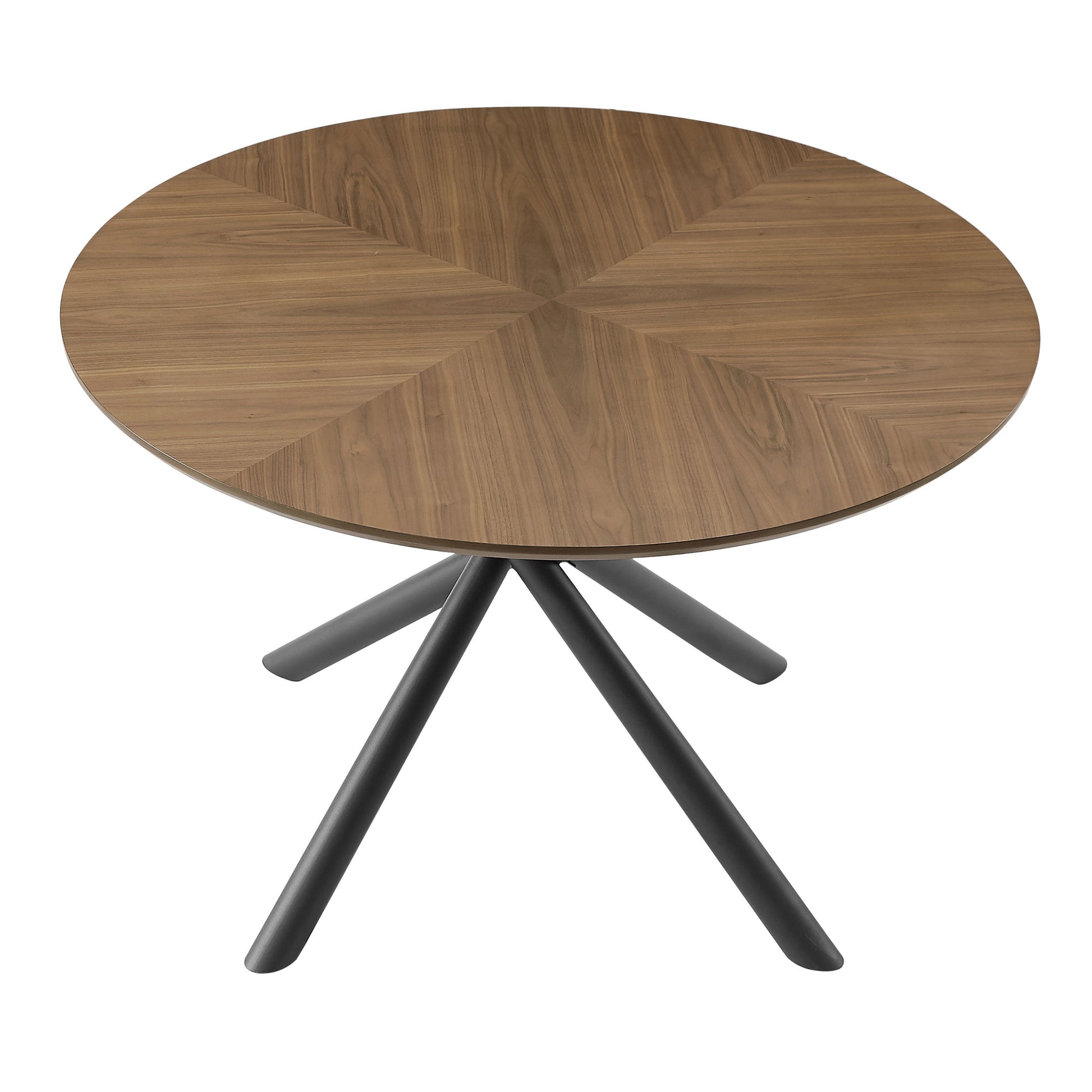 Round walnut veneer dining table with striking geometric wood grain pattern and matte black metal legs
