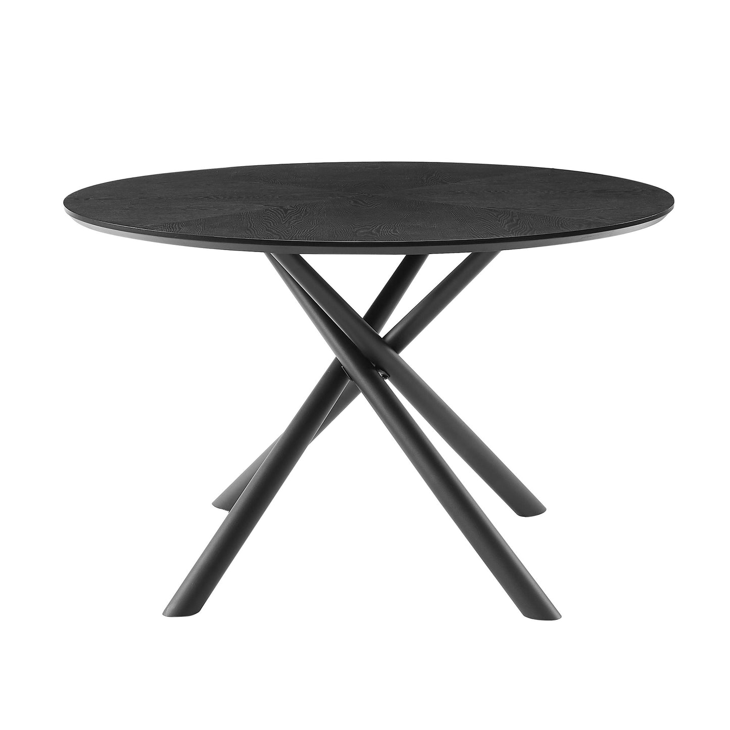 Black round dining table with wood grain texture and matte black metal base