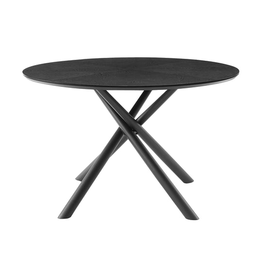Black round dining table with textured wood grain tabletop and matte black metal legs