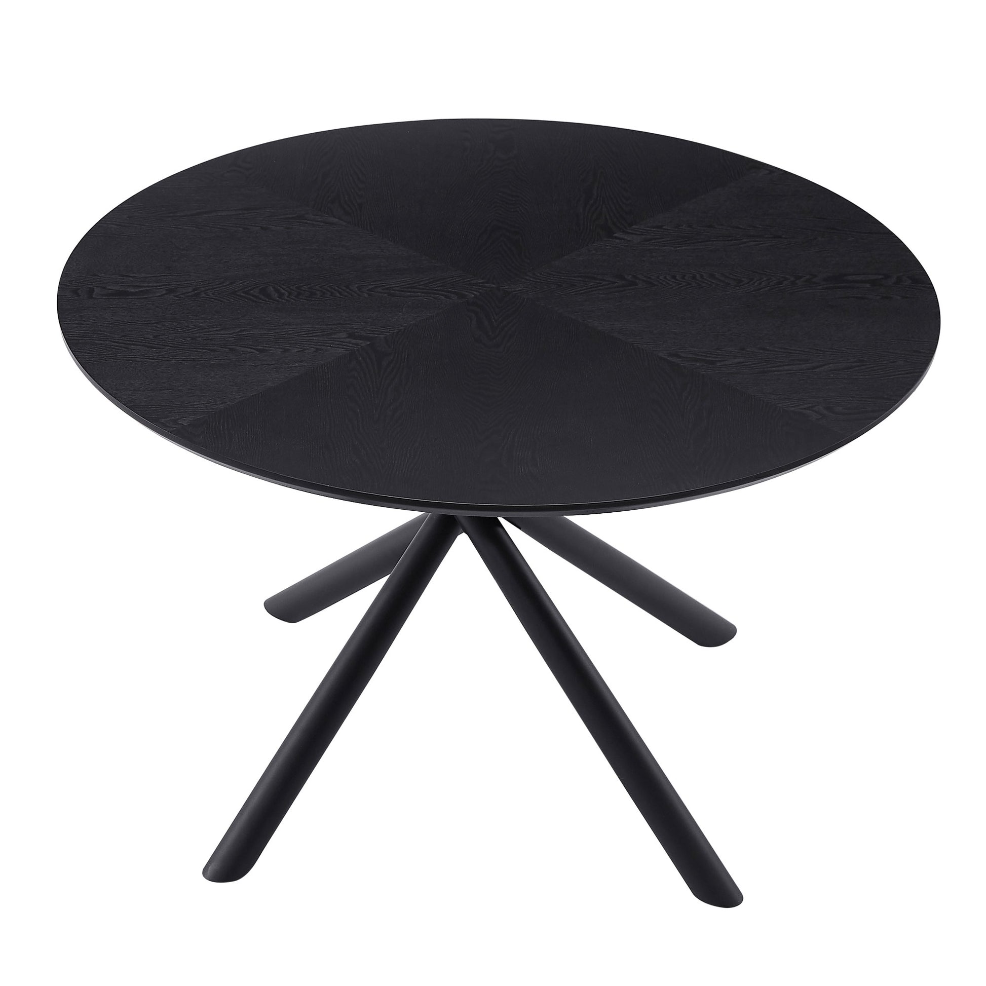 Black round wood grain dining table with modern matte black metal base