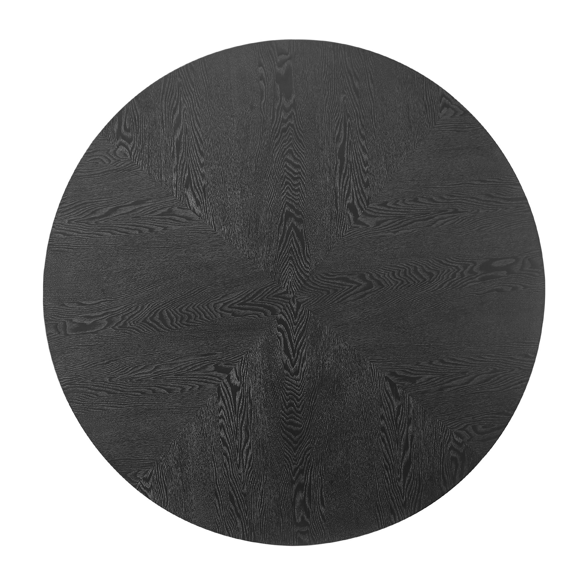Black wood round dining table top with intricate grain pattern