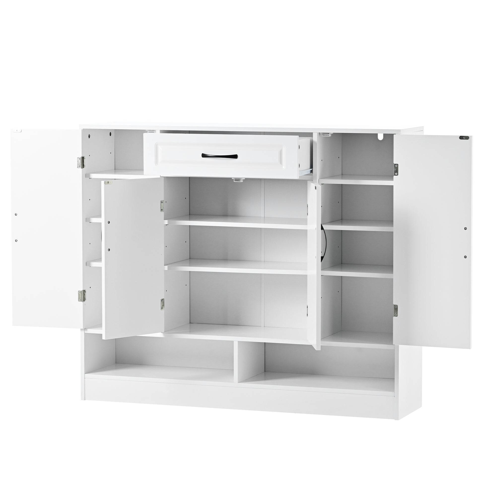 White modern sideboard with open doors and visible shelves