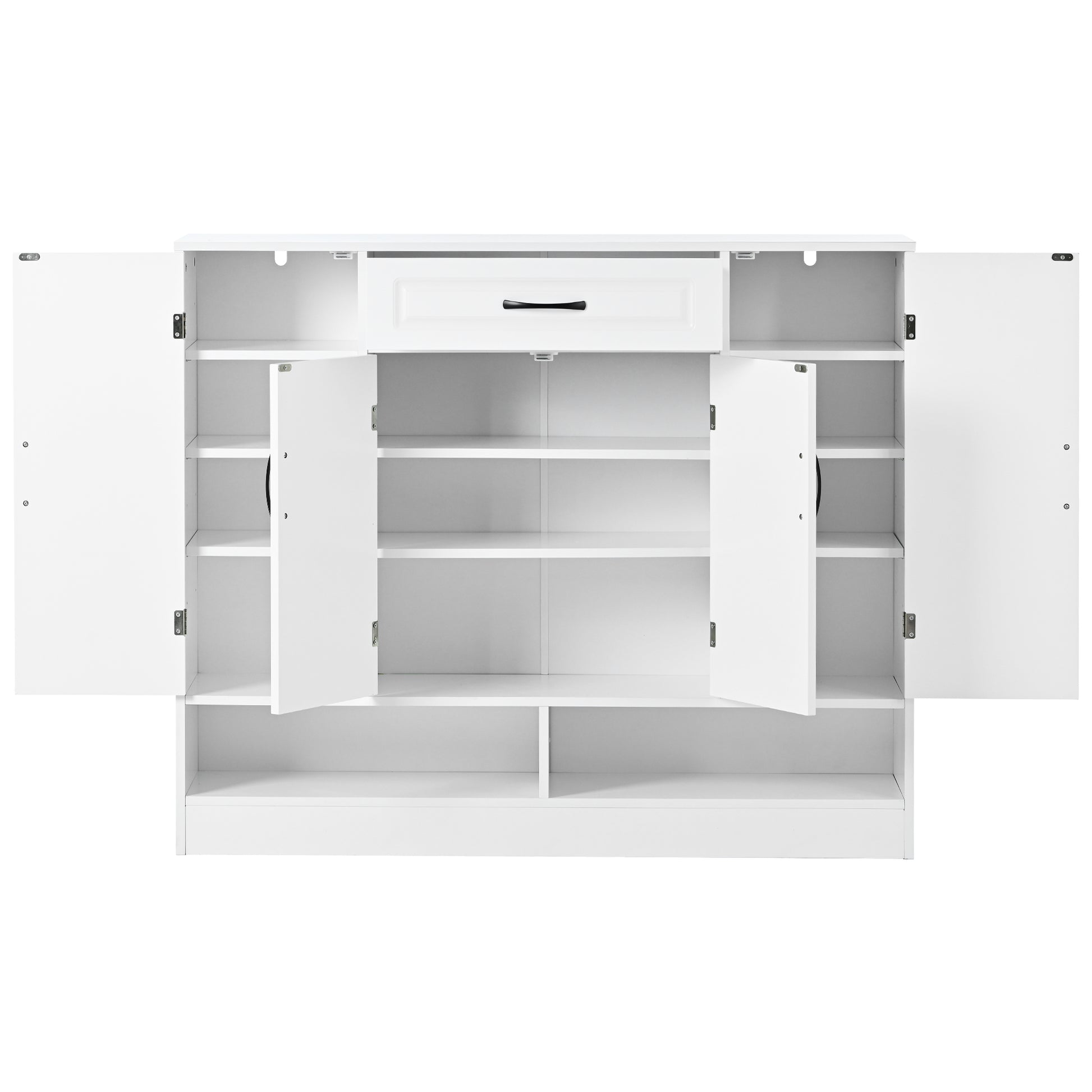 White shoe cabinet with open doors and adjustable shelves