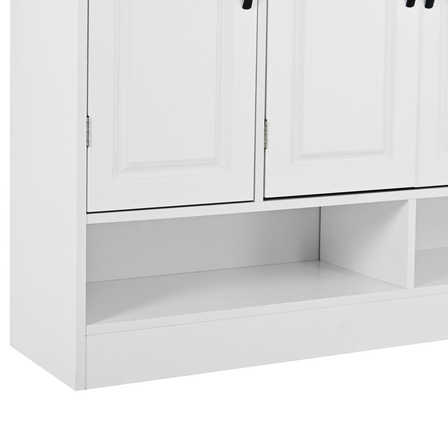 White cabinet with paneled doors and open shelving