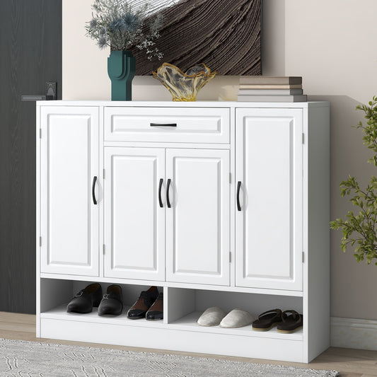 White storage cabinet with multiple compartments and shoe rack