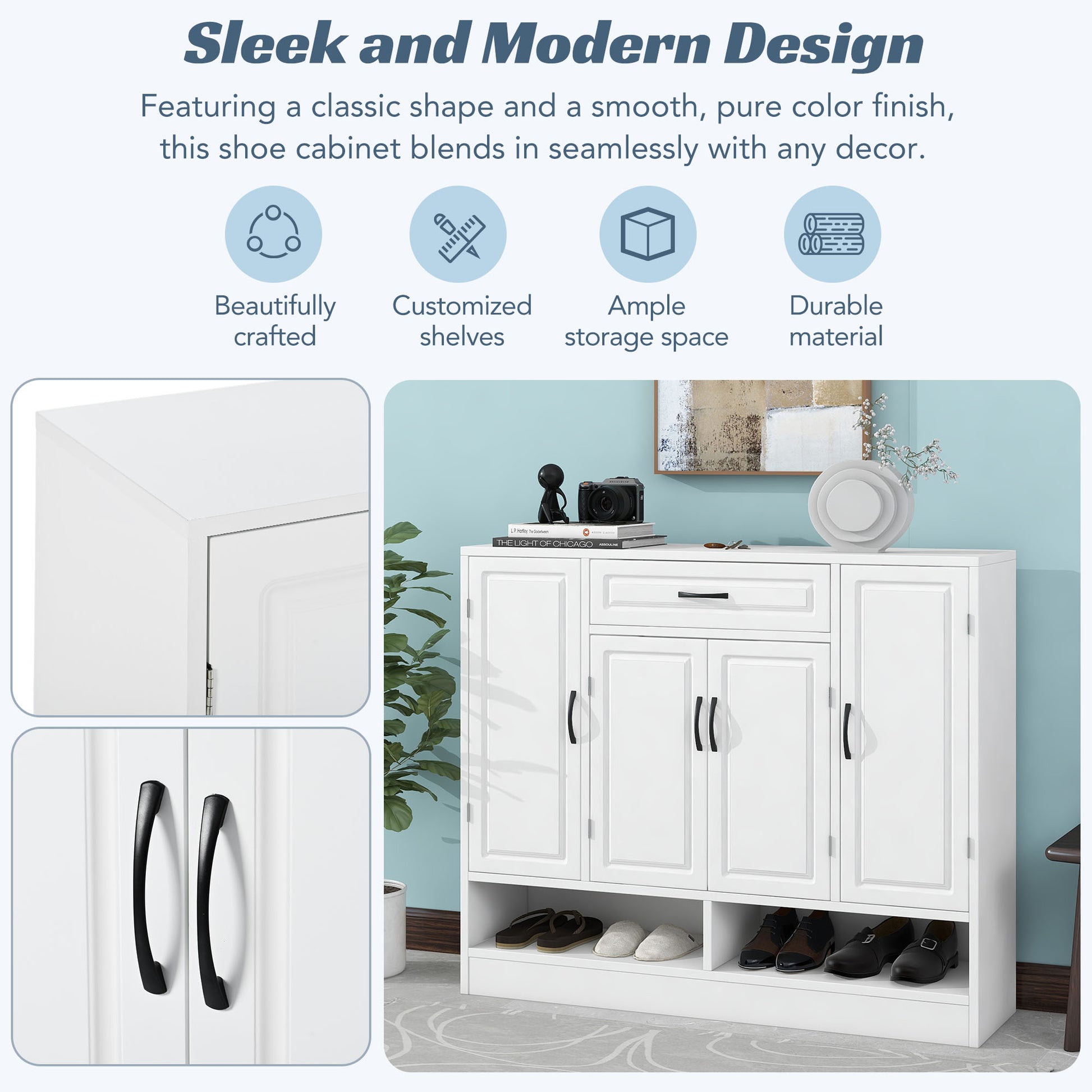 White shoe cabinet with black handles and open shoe shelves