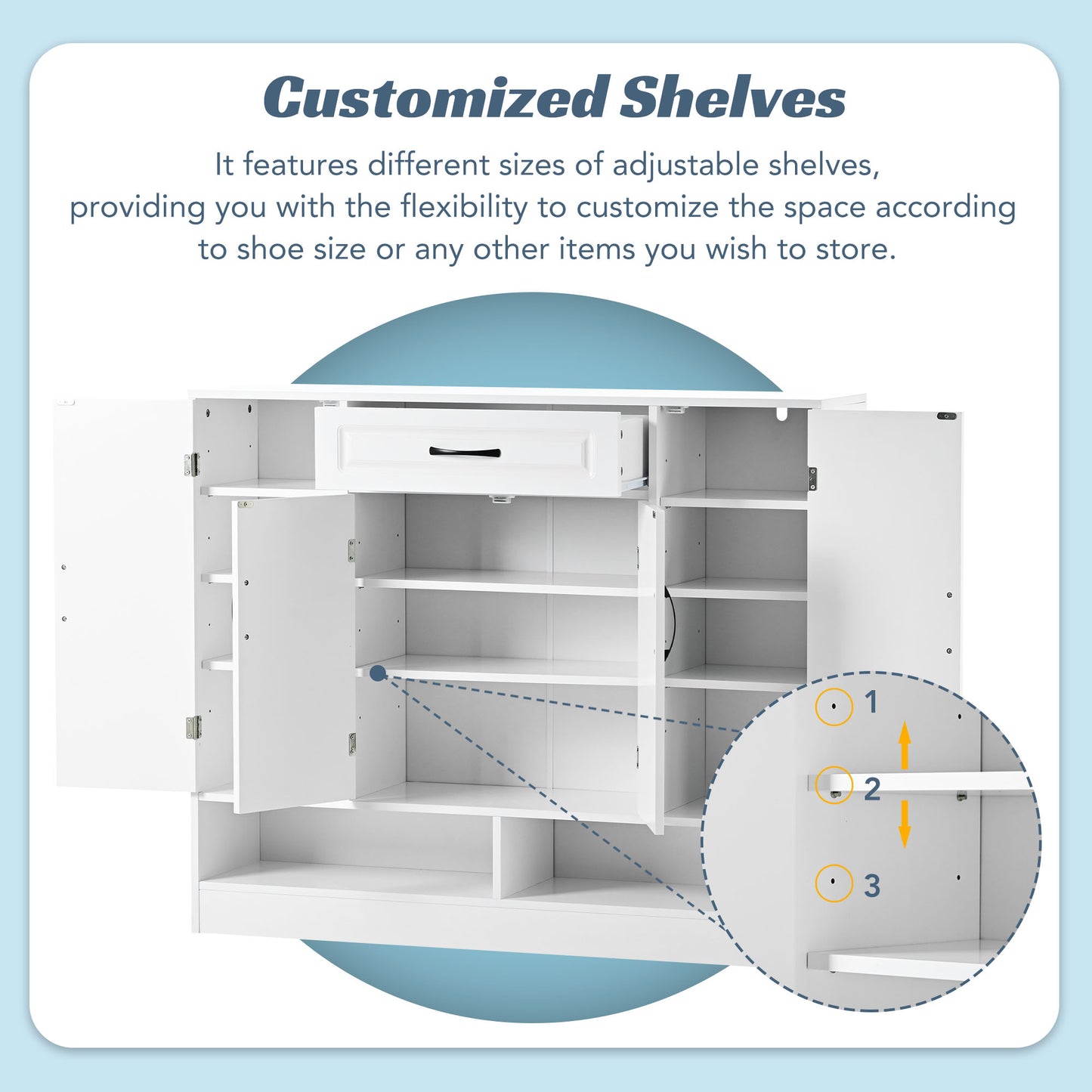 White storage cabinet with adjustable shelves and one drawer for organization