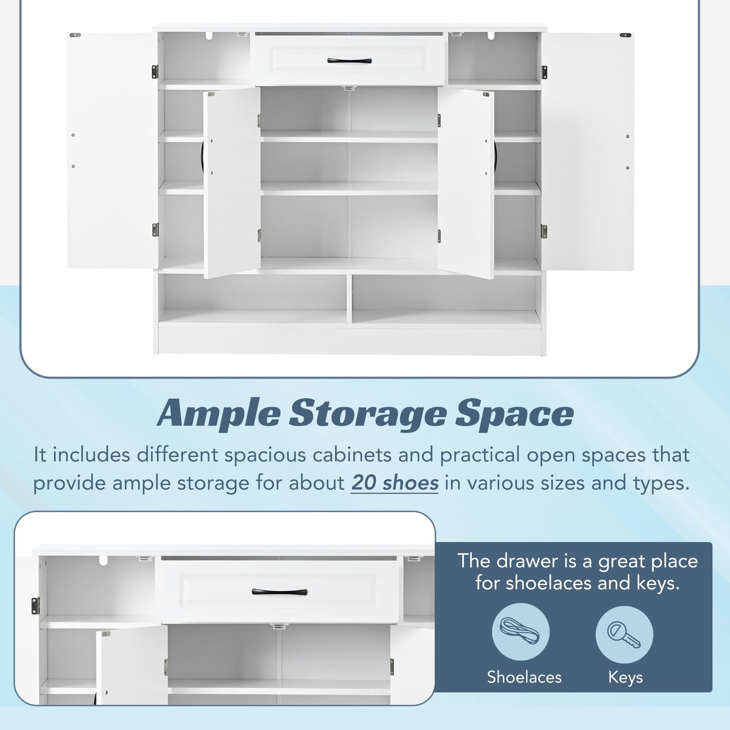 White shoe cabinet with open doors and shelves