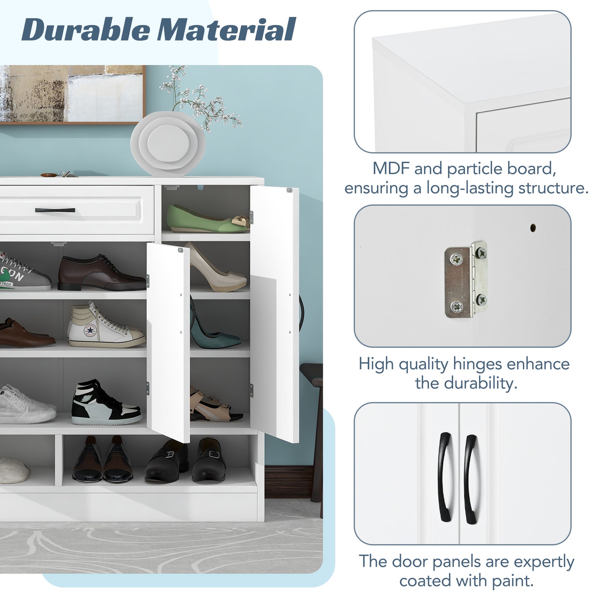 White shoe cabinet with multiple shelves storing various footwear