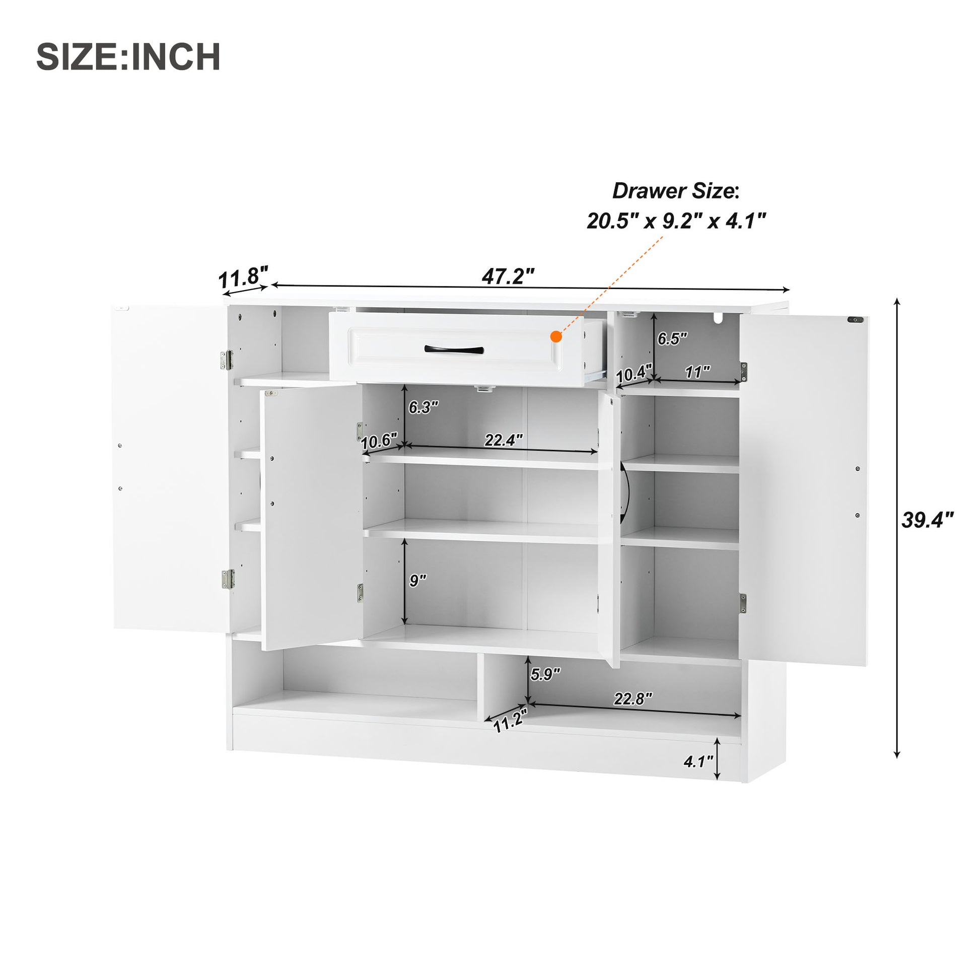 White modern entryway shoe cabinet with open shelves and a single drawer