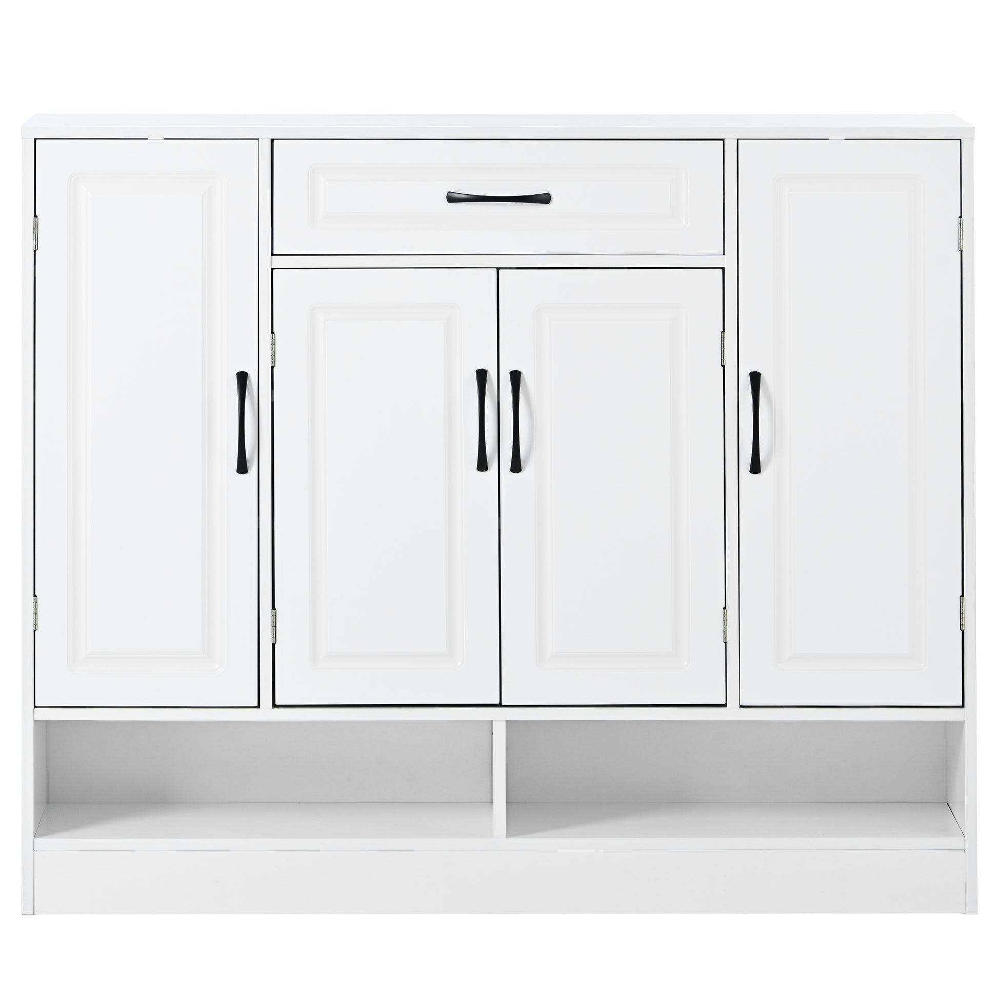 White storage cabinet with paneled doors and a single drawer