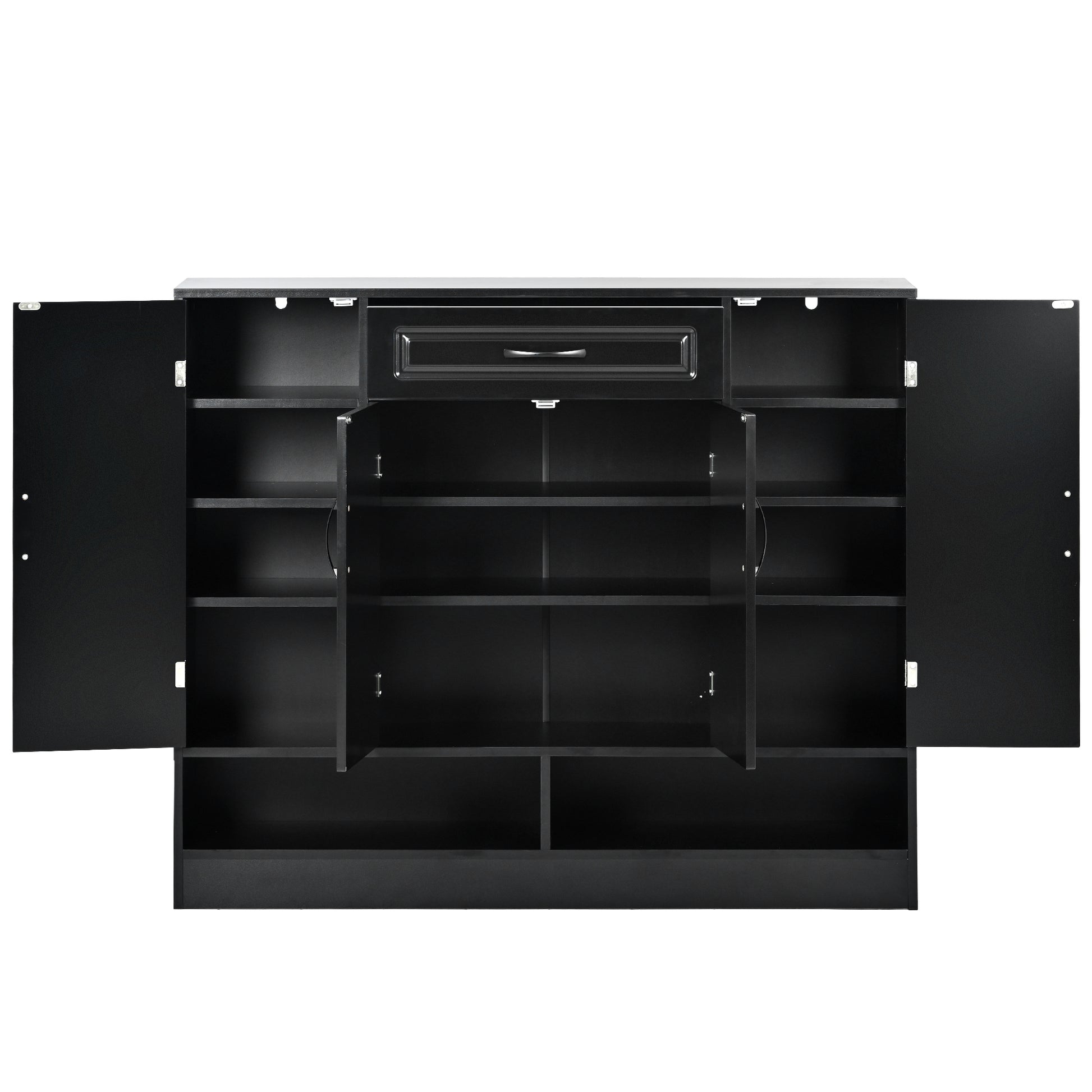 Black storage cabinet with open doors and multiple shelves