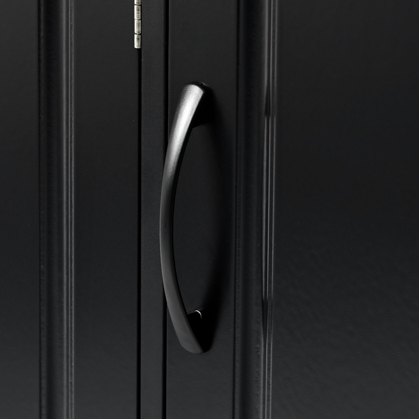 Black cabinet door with curved silver handle