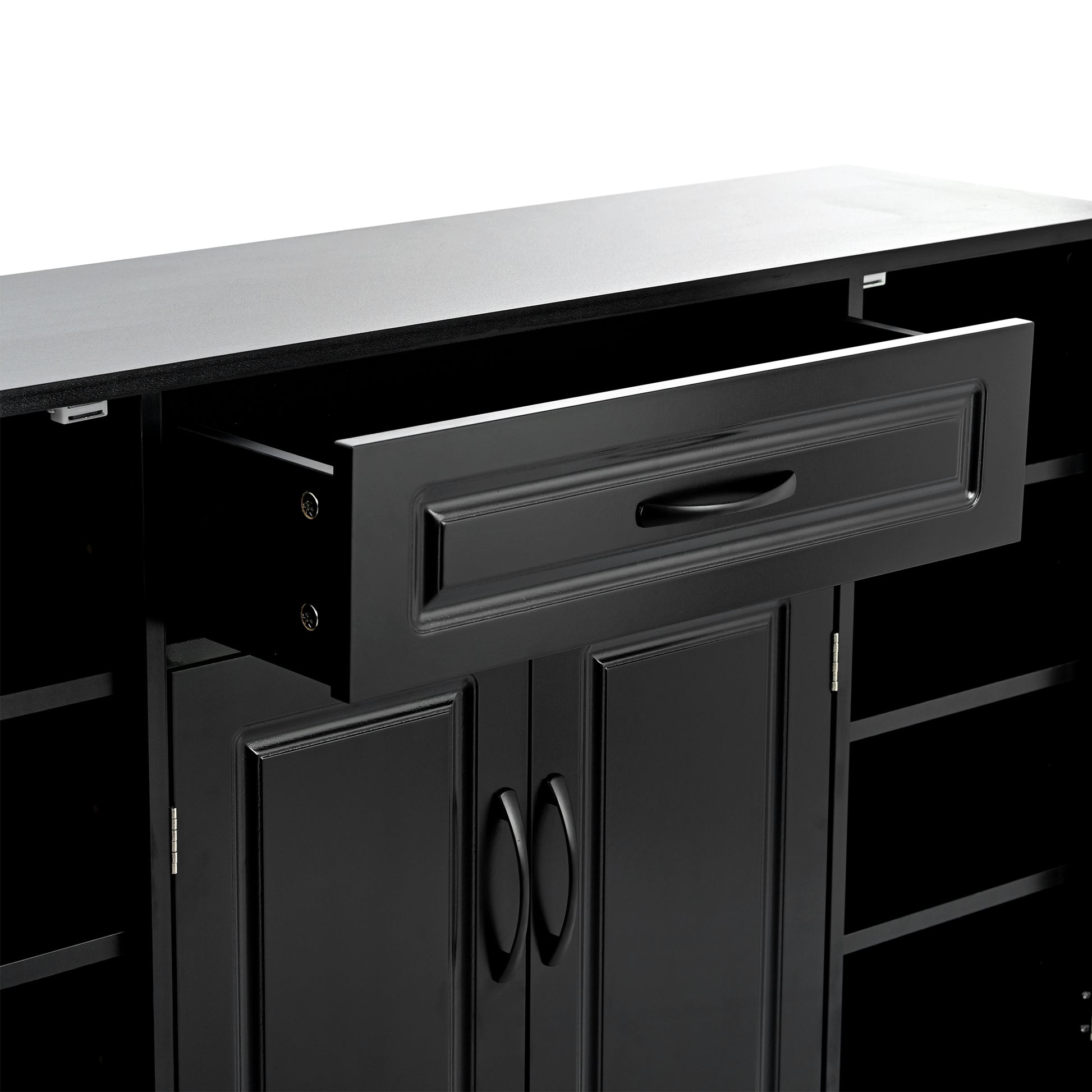 Black wood cabinet with open drawer and two cabinet doors