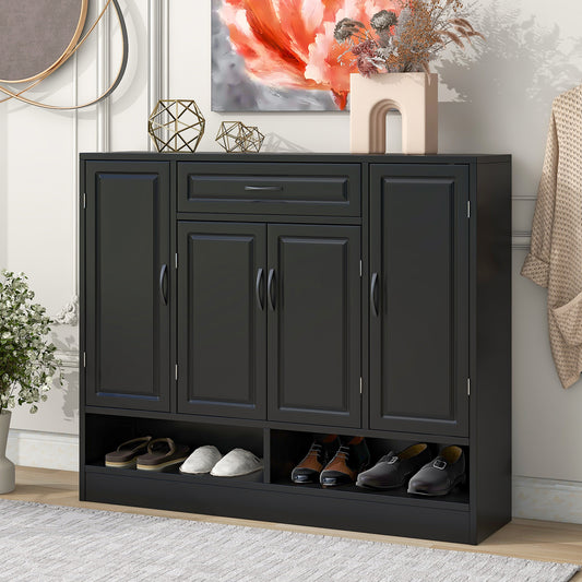 Black shoe cabinet with six doors and open shelving