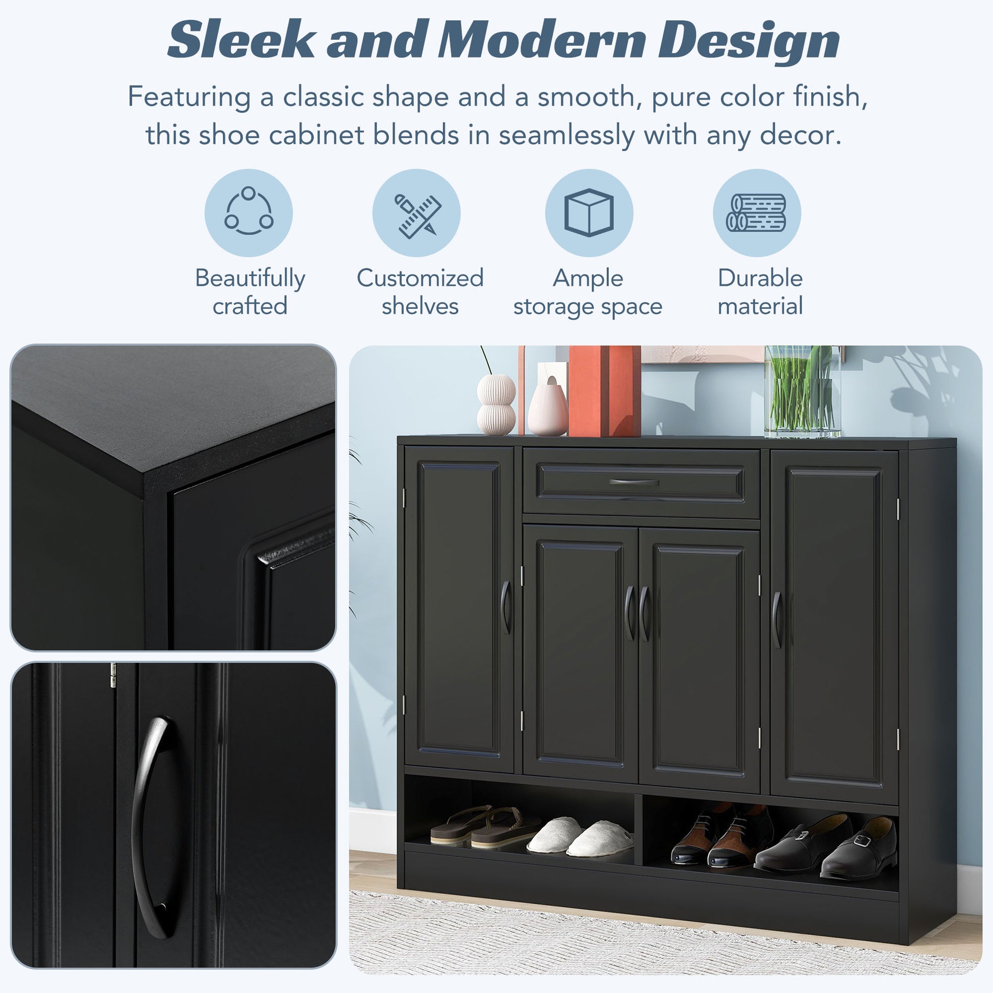 Black modern shoe cabinet with five doors and open shelves