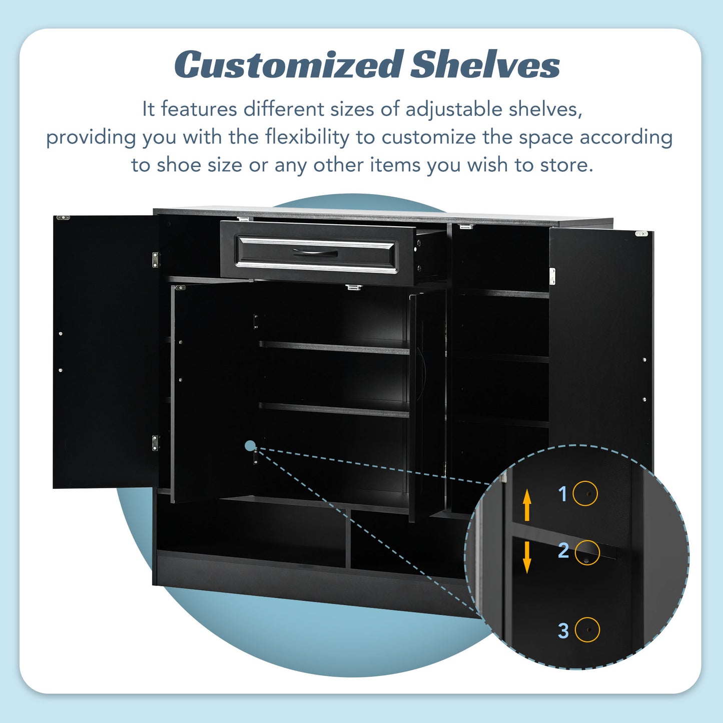 Black shoe cabinet interior with adjustable shelves and drawer open