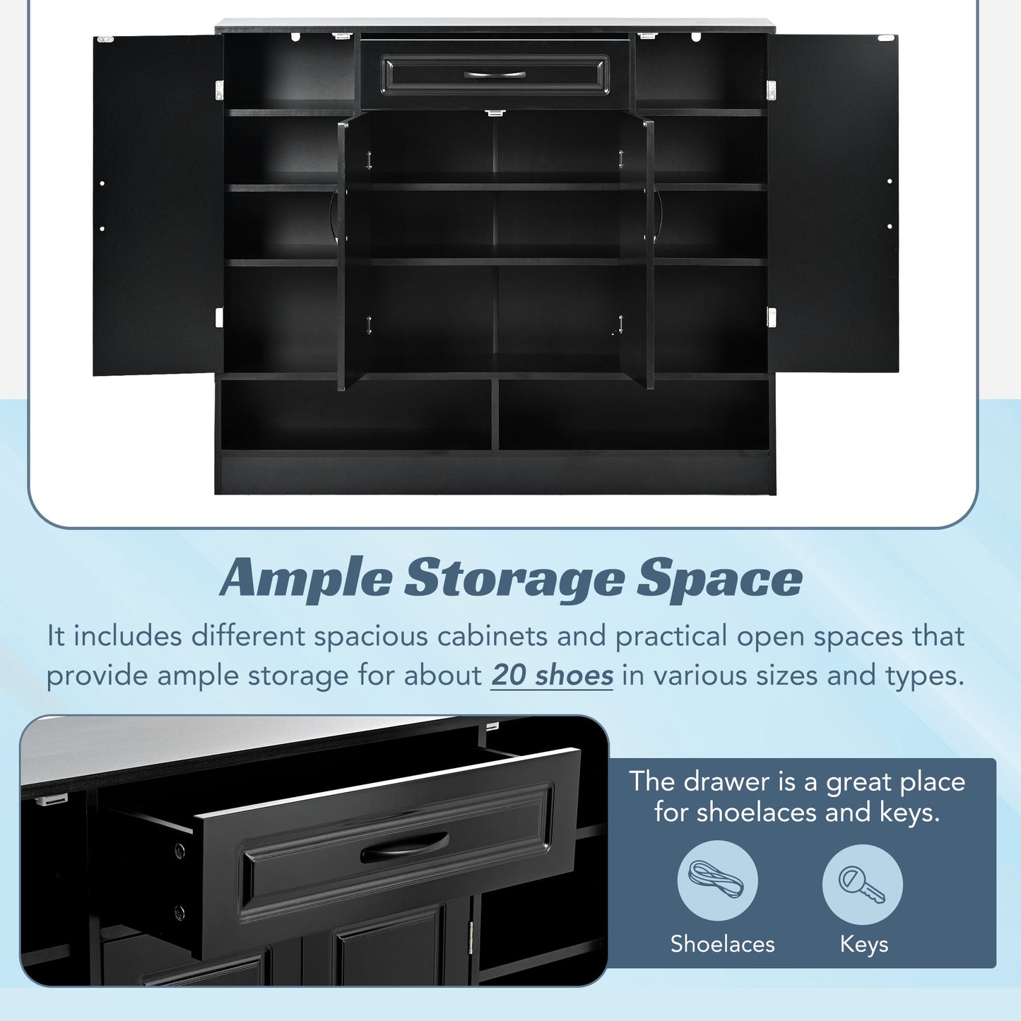 Black multishelf shoe cabinet with open doors and a central drawer