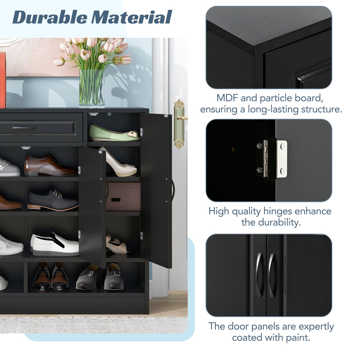 Black MDF shoe cabinet with open doors showcasing organized footwear