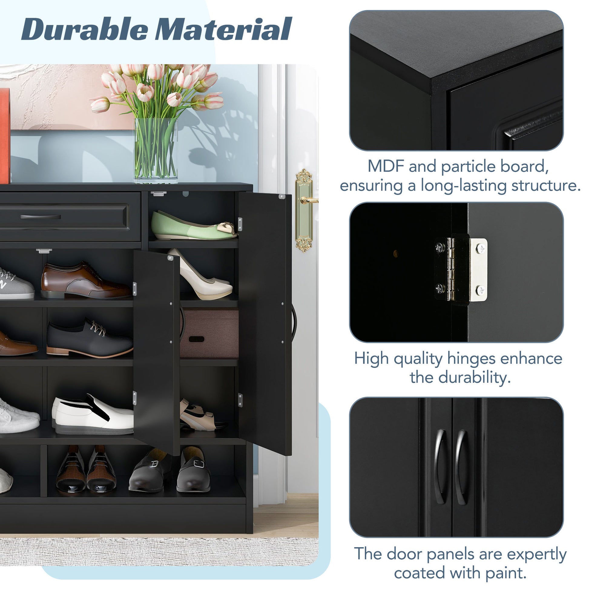 Black MDF shoe cabinet with open doors showcasing organized footwear