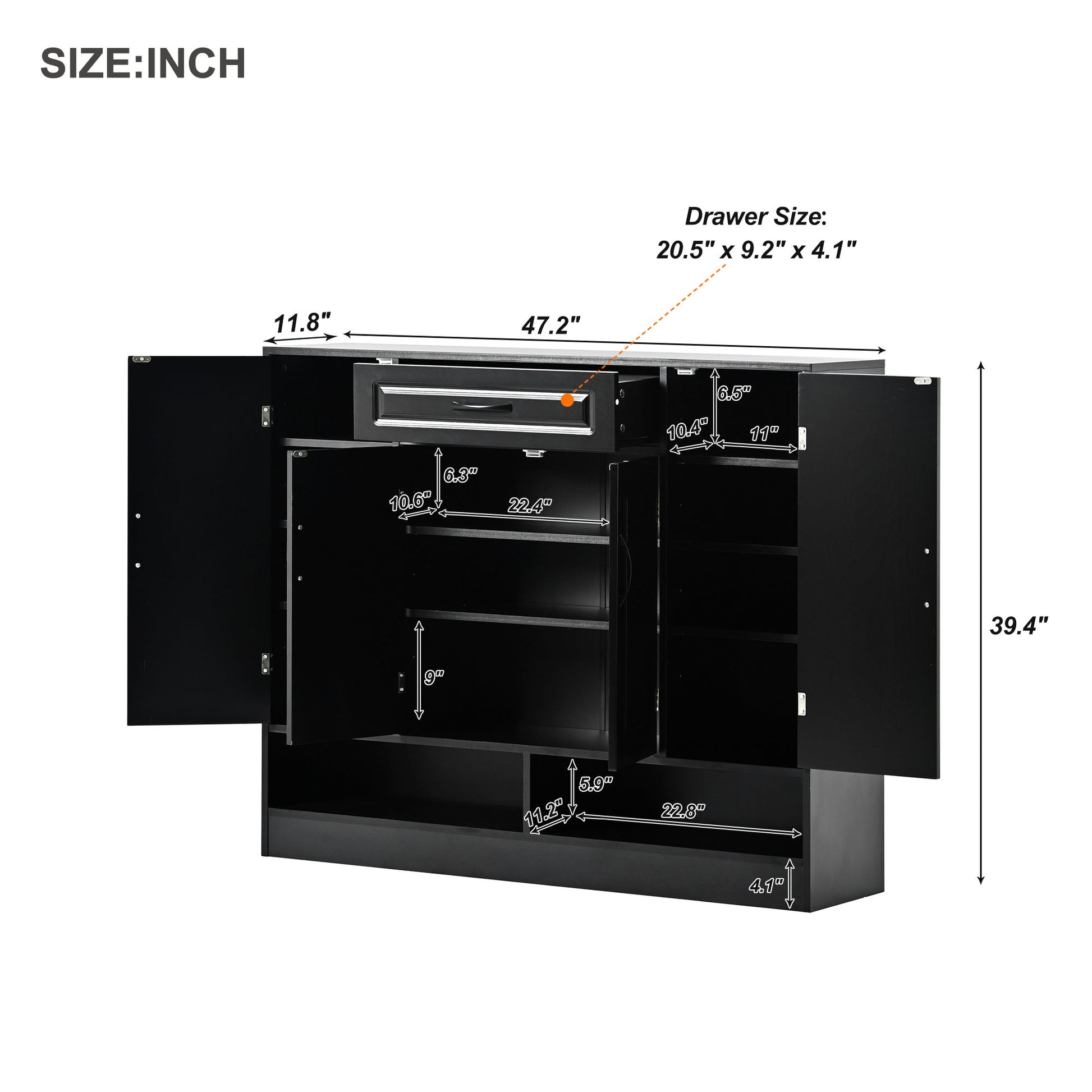 Black storage cabinet with open doors and a visible drawer