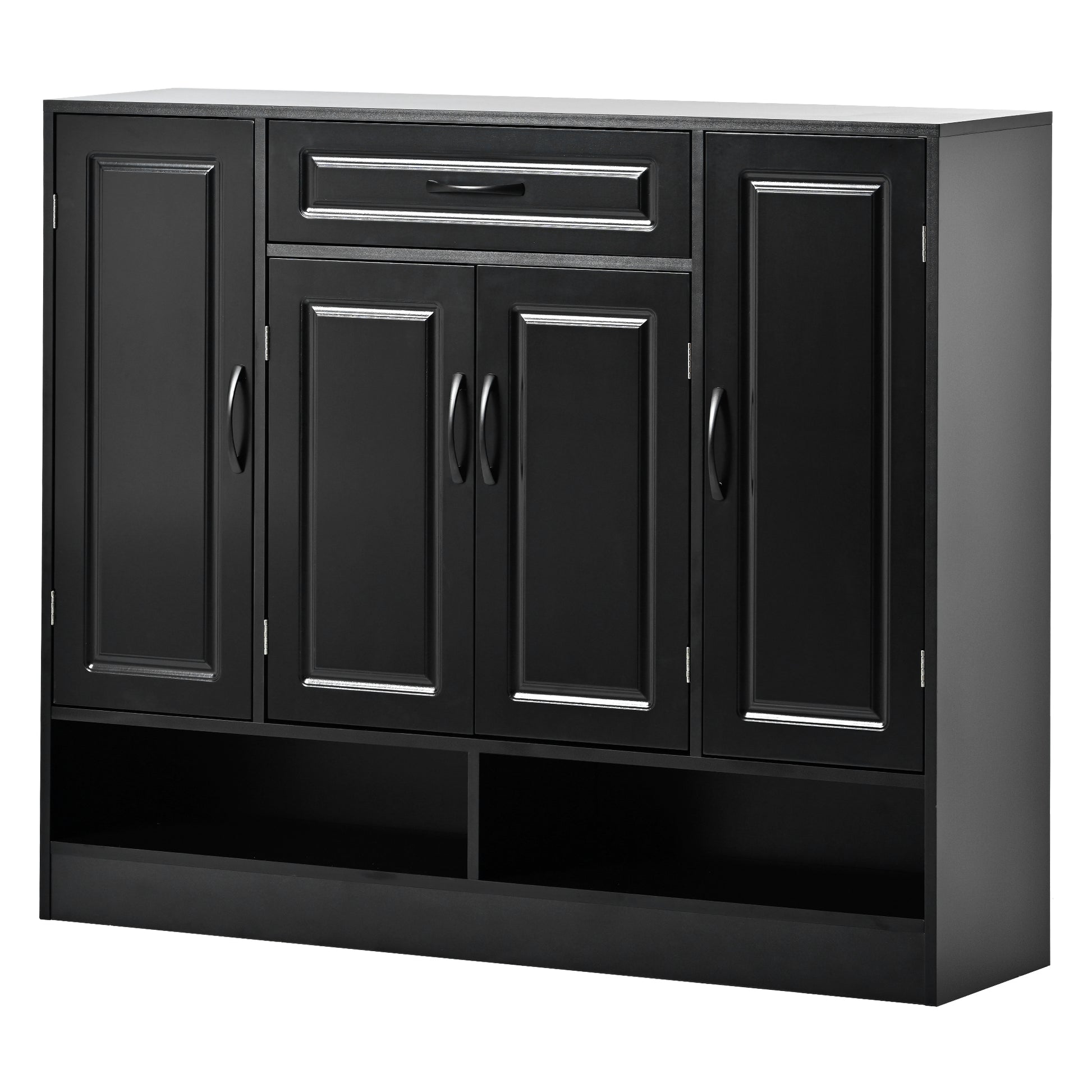 Black wooden storage cabinet with paneled doors and a single drawer