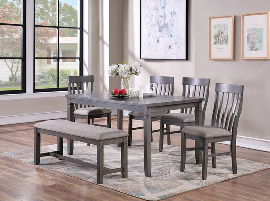 Gray dining set with upholstered bench and chairs