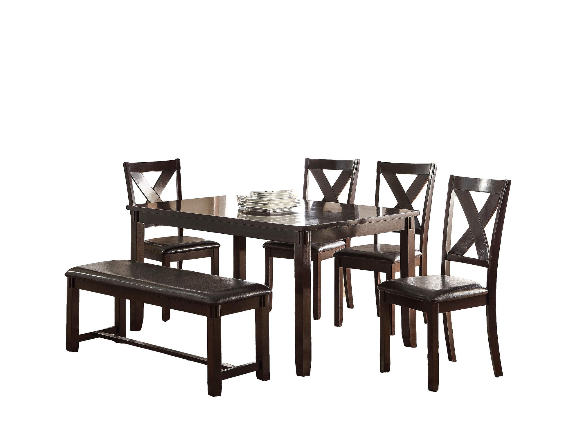 Dark brown wooden dining table set with Xback chairs and upholstered bench