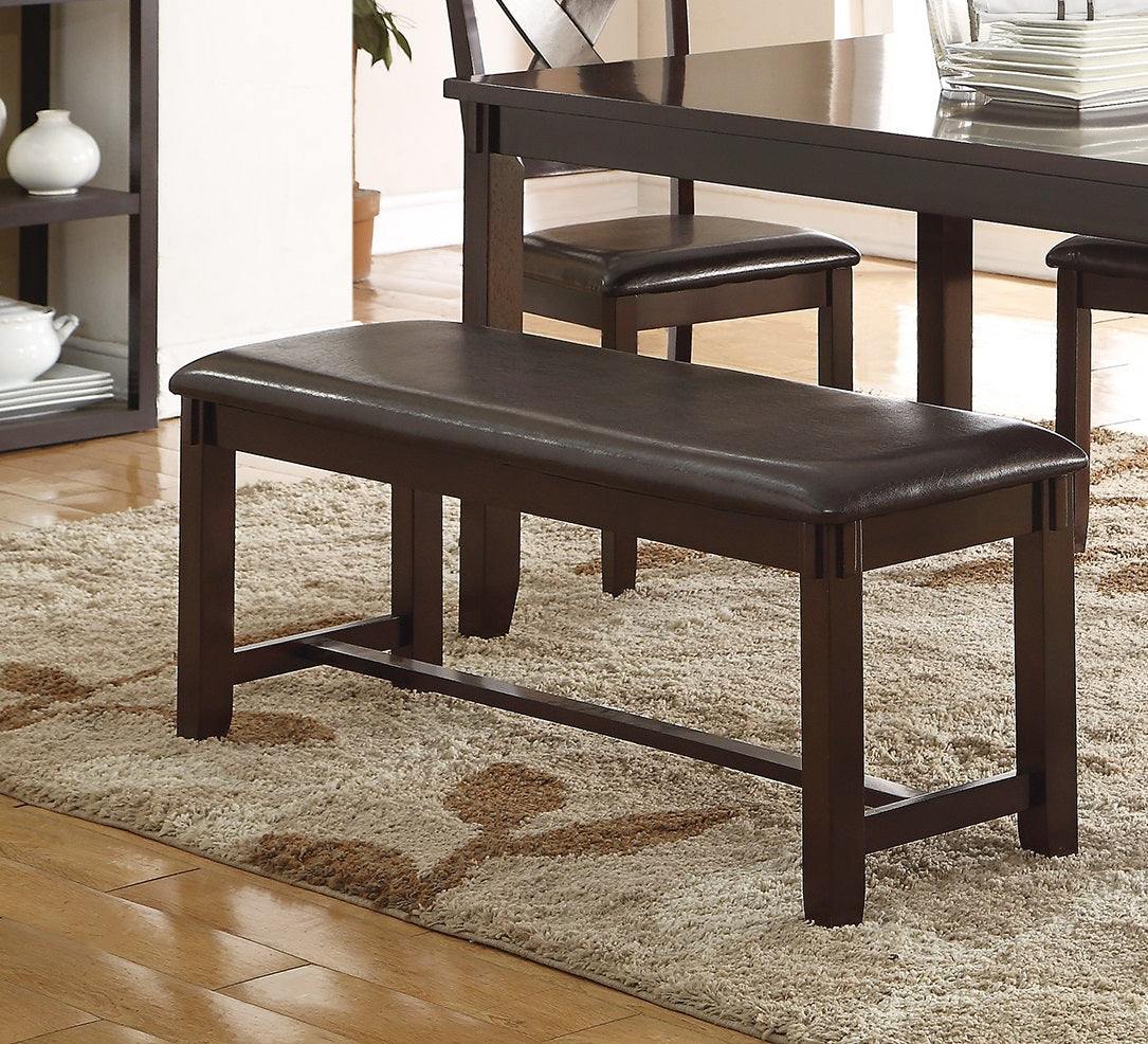 Dark brown faux leather dining bench with wooden frame