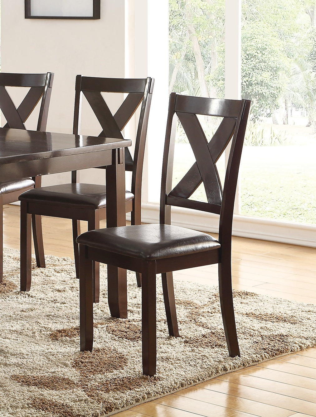 Dark brown wooden dining chair with Xback and upholstered seat