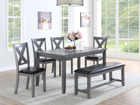 Gray wooden dining table with xback chairs and leather bench