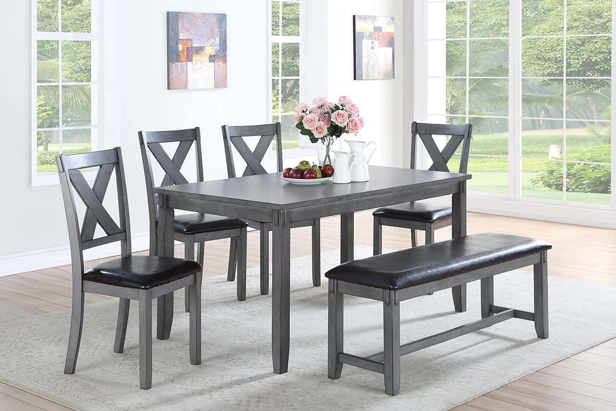 Gray wooden dining set with upholstered bench