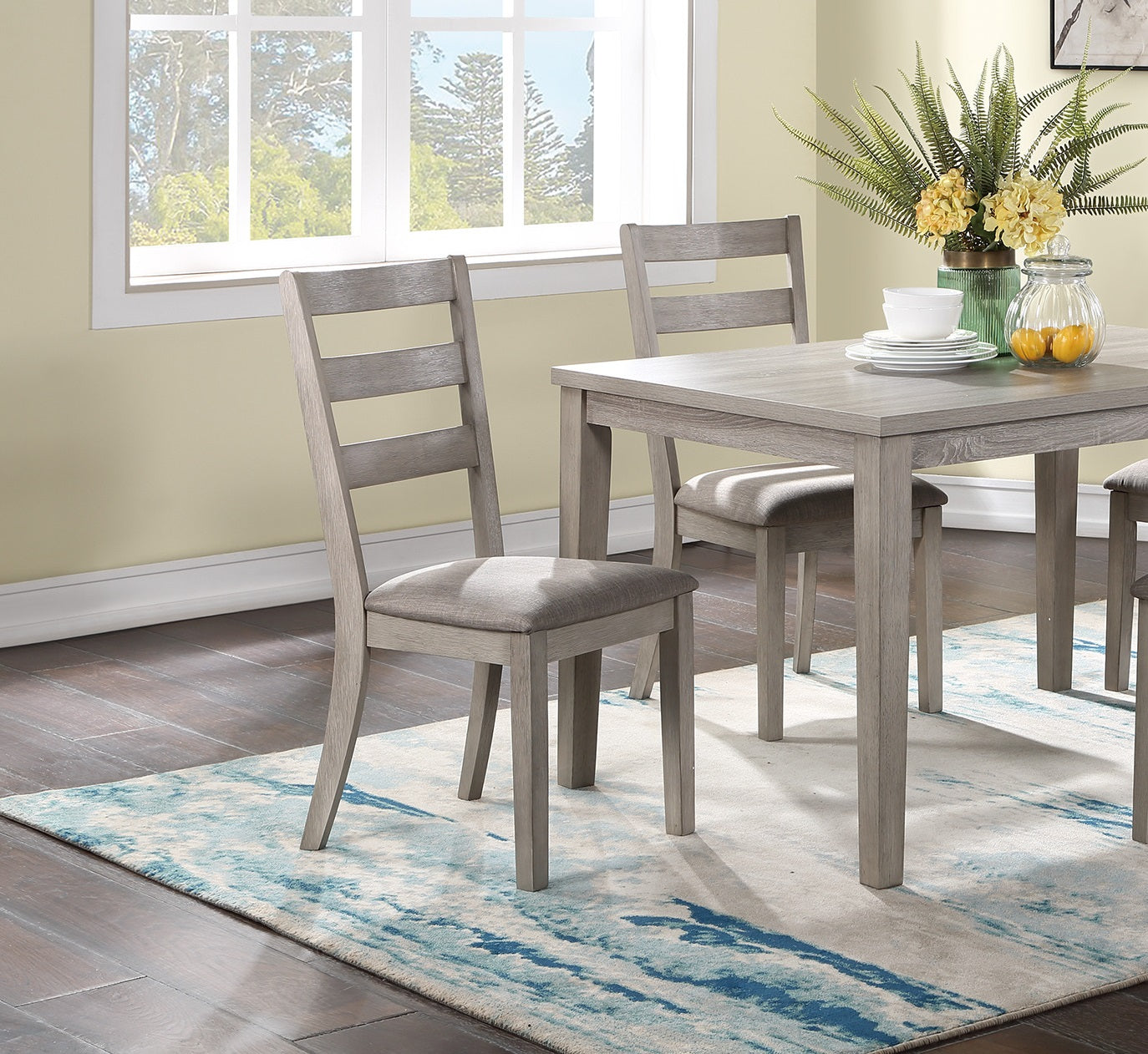 Modern grey wood dining chair with horizontal slats and upholstered seat