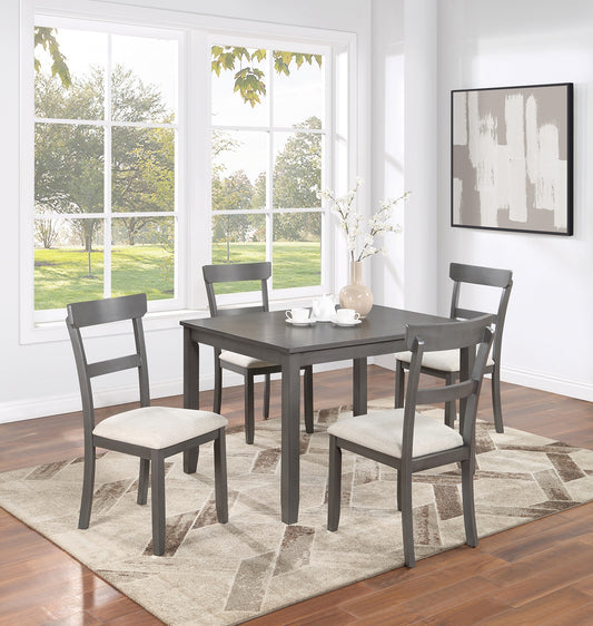 Gray wooden dining set with four upholstered chairs