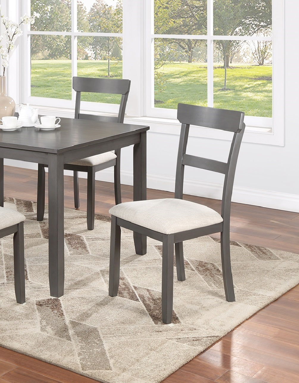 Gray wooden dining chair with upholstered seat