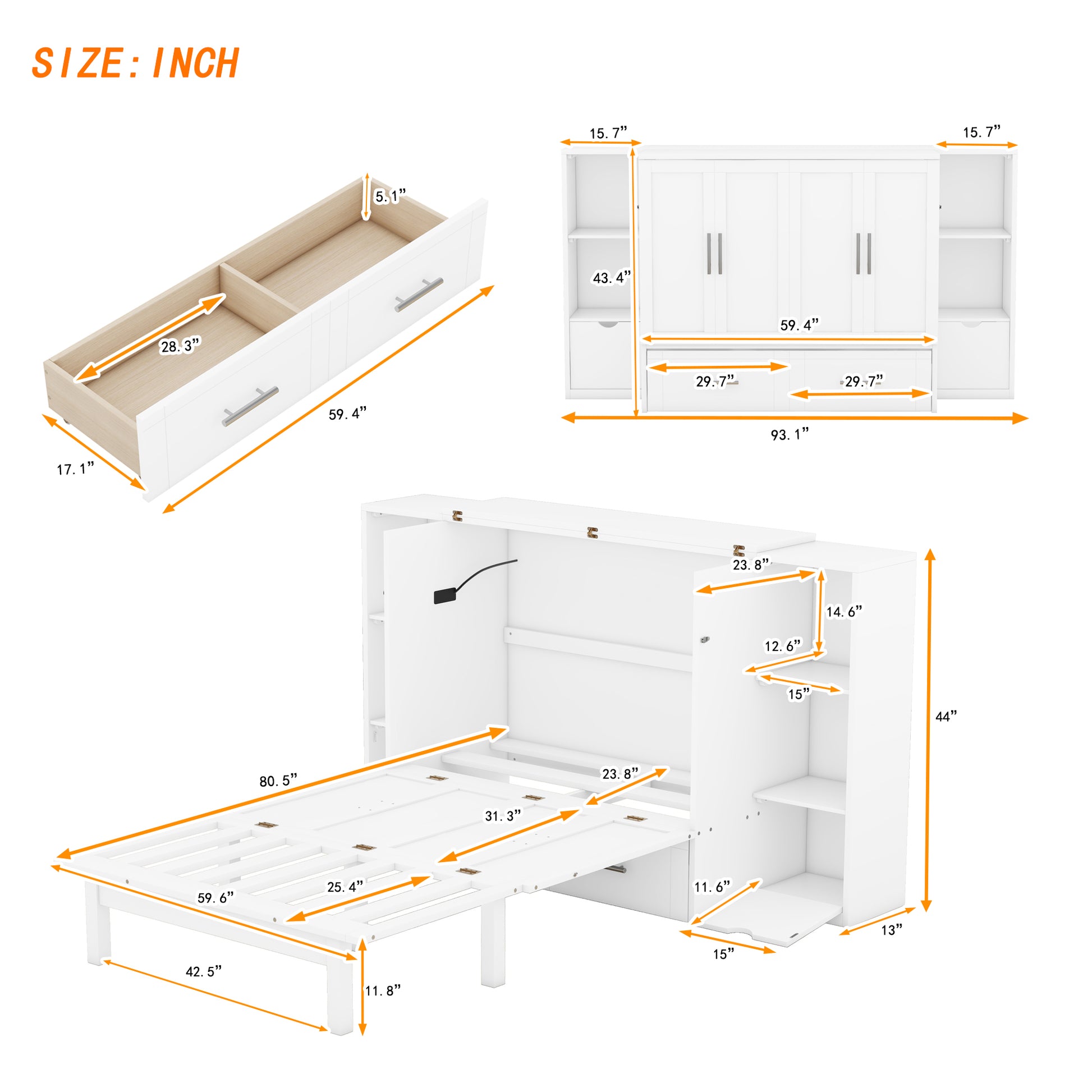 White Murphy bed with integrated drawers and shelving
