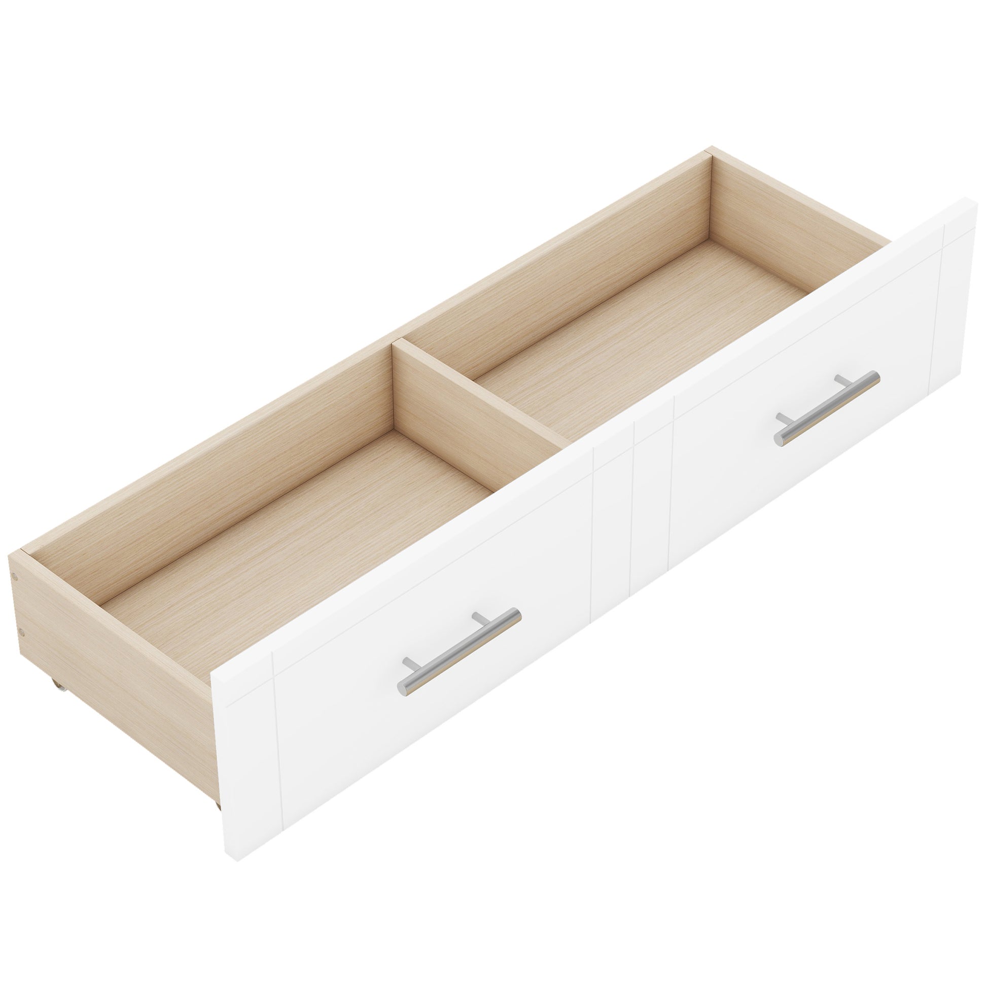 White twodrawer unit with wood interior and silver handles