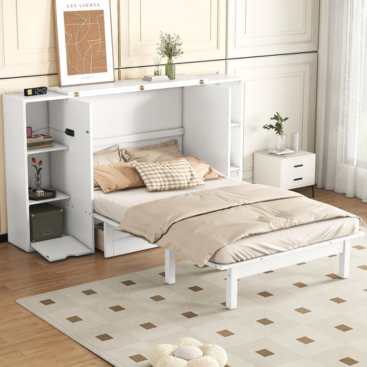 White murphy bed with side storage queen size in a modern room setting